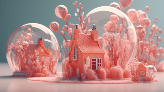 小粉红色花粉色气泡迷你房屋水晶球3D图插画