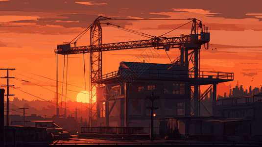 机械建设日落夕阳下的城市建设插画