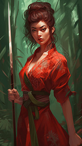 一位身穿红色长裙拿着长矛的女人插画