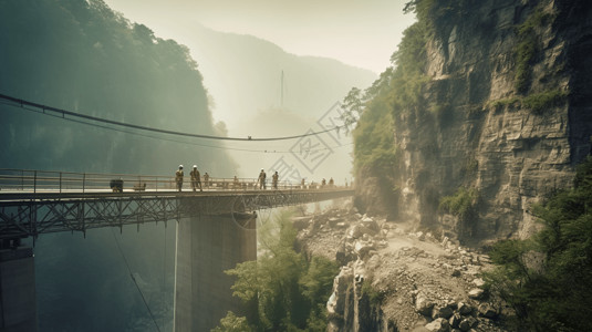 峡谷大桥工人建造一座大桥背景