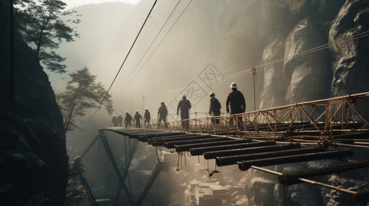 峡谷大桥工人建造一座大桥背景