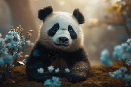 熊猫特写花丛里一只可爱的熊猫插画
