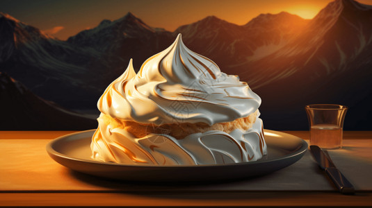 小奶油蛋糕大山背景前的奶油甜品插画