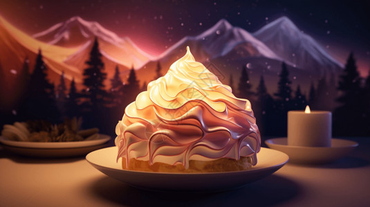 大山背景前的奶油甜品背景图片