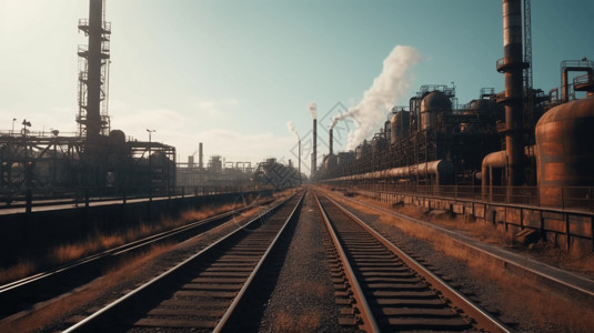 铁路尽头的工厂和烟囱高清图片