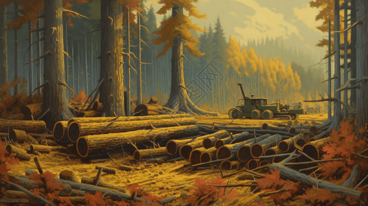 采伐森林伐木场景插画