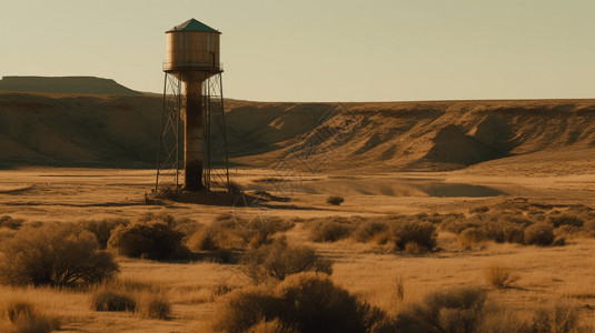 电影质感干旱沙漠中的水塔背景