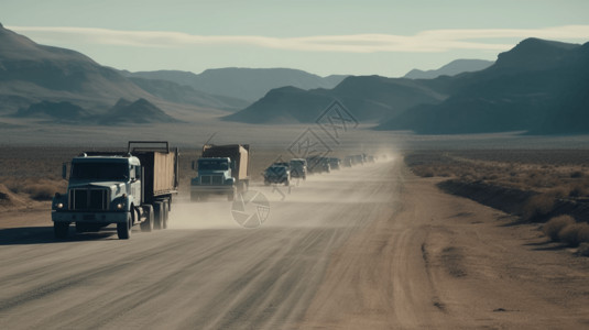 沙尘、沙漠中驰骋的车队插画