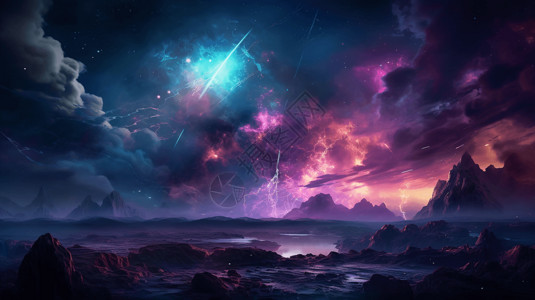 蓝紫色的星空星系星云唯美风景插画