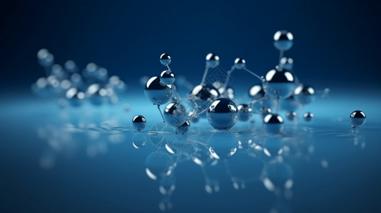蓝色漂浮球蓝色背景下漂浮的氢分子模型设计图片