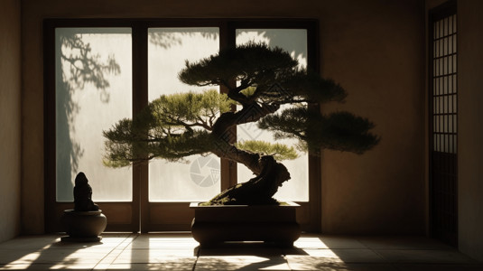 日式美学阳光下的松树盆栽摆设插画