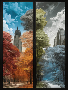 秋天的城市季节变化的风景对比图设计图片