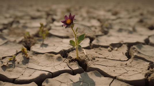 干旱缺水一朵枯萎的花挣扎着生存在裂开的土地上背景