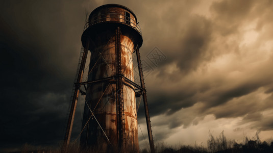 一座生锈的旧水塔背景
