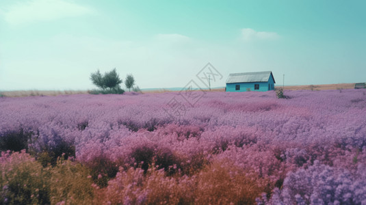 粉红色小房子薰衣草花海中的小屋背景