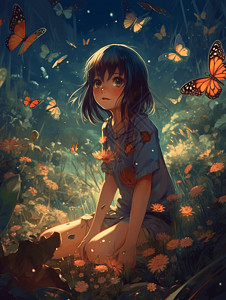 动态构图被蝴蝶包围的美丽女孩插画