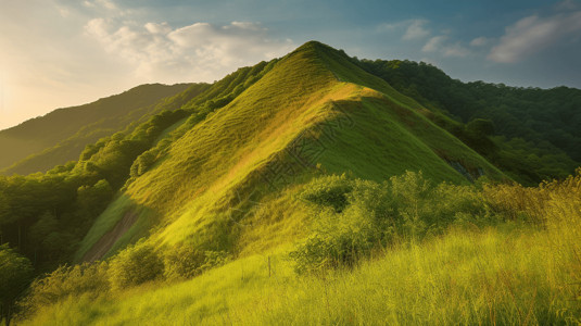 扁平风格山水画阳光下的山坡绿茵背景