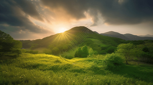 扁平风格山水画逆光的山坡照片背景