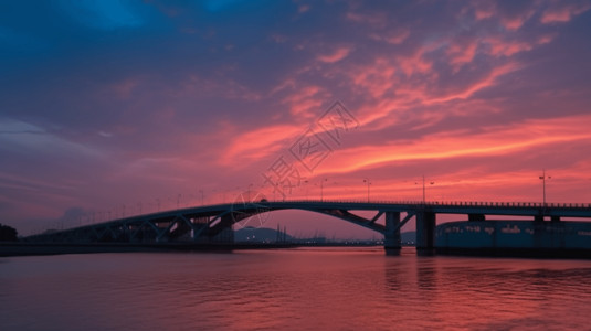 海面城市桥上的火烧云图背景