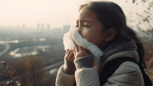 孩子拿着手帕捂住口鼻高清图片