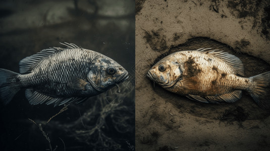 被污染的河流中垂死的鱼图片