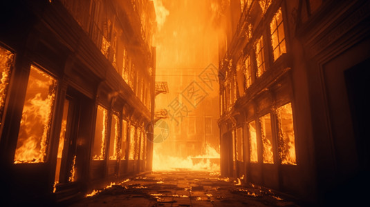 黄色火焰坠落正在熊熊燃烧的建筑背景