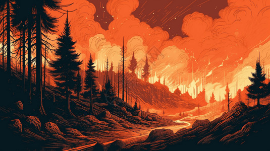 森林燃起了熊熊烈火插画