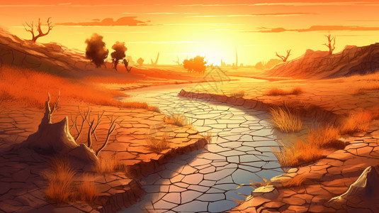沙漠特写干裂的河床插画