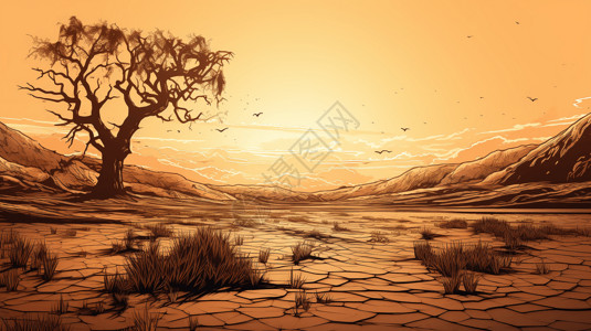 沙漠绿洲插画干裂的土壤插画背景