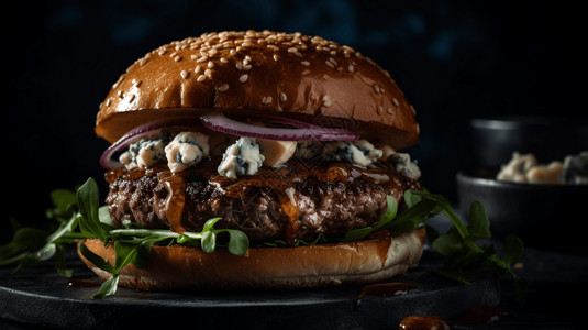 红色纹素材带有蓝纹奶酪和焦糖的牛肉汉堡背景