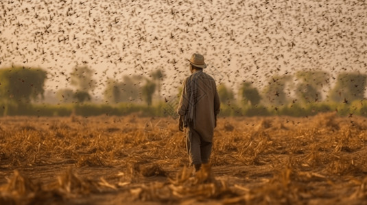 蝗虫灾害下无助的农民背景图片