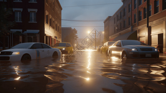 城市救援洪水淹没车辆插画