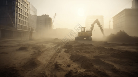 风尘滚滚灰尘和碎屑污染的建筑工地背景