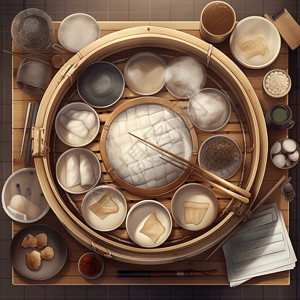 传统美食蒸饺蒸笼上的中式面点插画插画