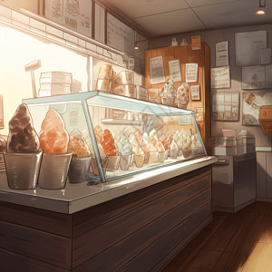 店铺内部冰淇淋店手绘插画风插画