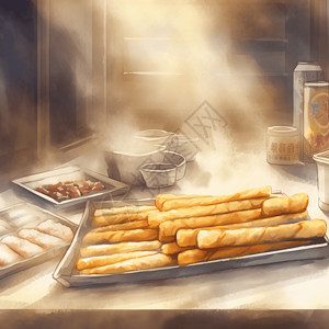 中式早餐搭配油条水彩插画插画