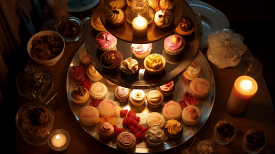 温馨灯光下诱人的美食甜点蛋糕架图片