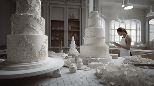 正在制作一个多层的婚礼蛋糕背景图片