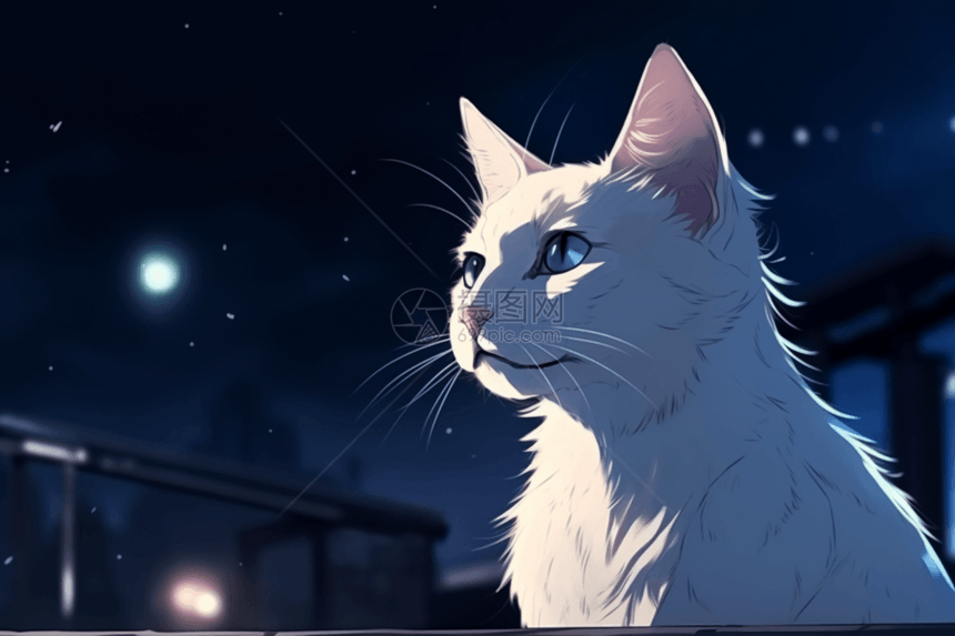 夜空下可爱的猫插画图片