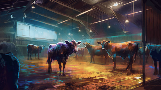 成年动物养牛场内的成年牛插画