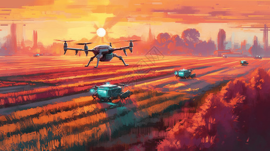 农用无人机无人机喷洒农药油画风格插画插画