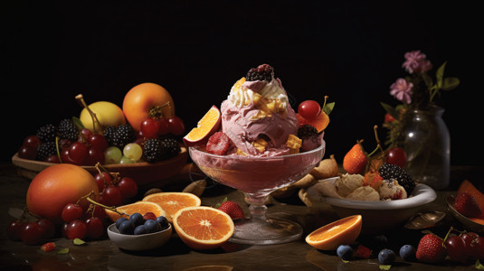 很多的球桌上美味的冰淇淋球和各类水果背景