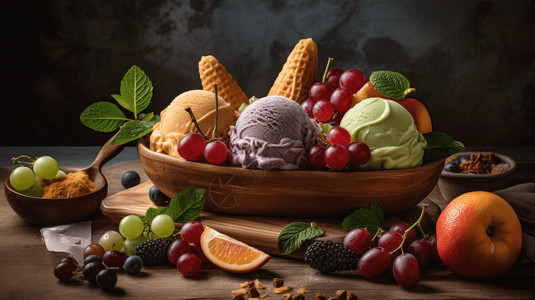 很多樱桃美味丰盛的水果和冰淇淋背景