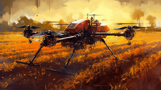 自主飞行无人机喷洒农药油画风格插画插画