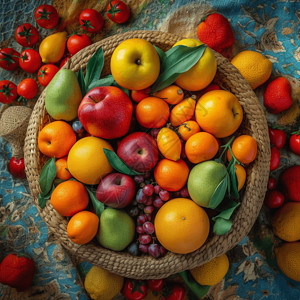 桌上的一篮子五颜六色的水果俯拍高清图片
