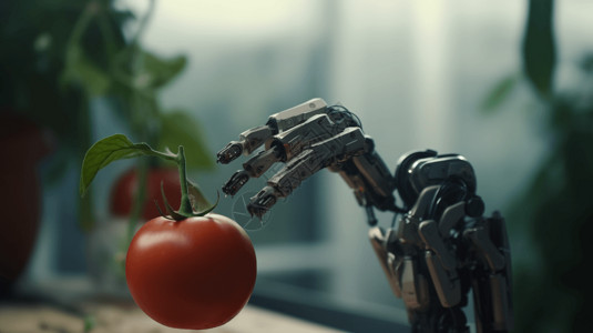 机械臂采摘番茄模糊植物设计图片