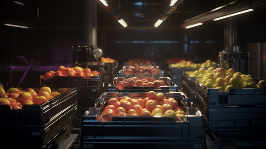 现代农业机器对水果进行装箱高清图片