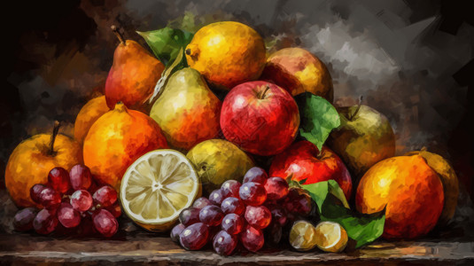 混合水果背景水果展示油画插画