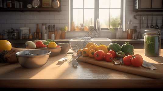 厨房里摆放的蔬菜水果背景图片