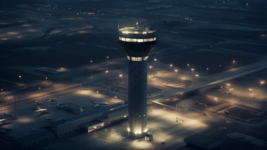 控制塔夜间的机场跑道背景